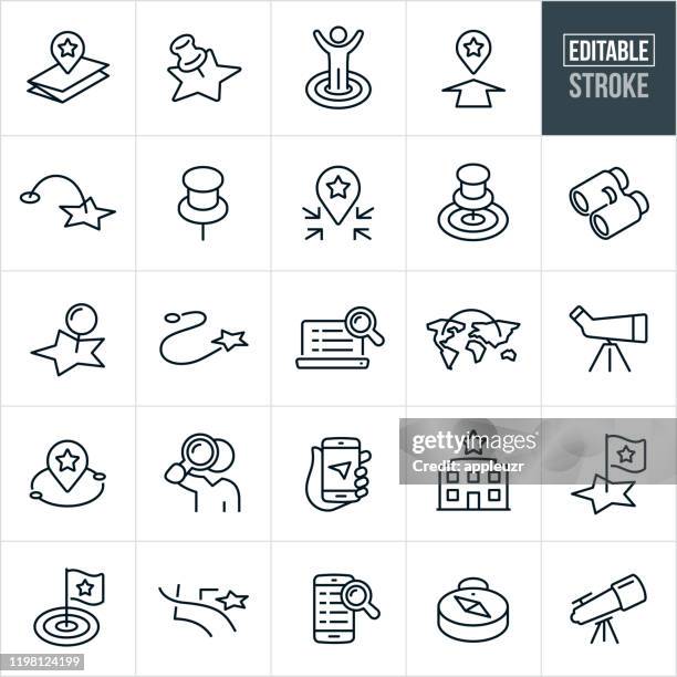 ilustraciones, imágenes clip art, dibujos animados e iconos de stock de ubicación y búsqueda iconos de línea fina - trazo editable - chinche