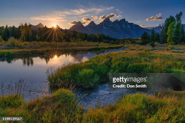 sunset at schwabacher's landing, grand teton national park - grand teton national park sunset stock pictures, royalty-free photos & images
