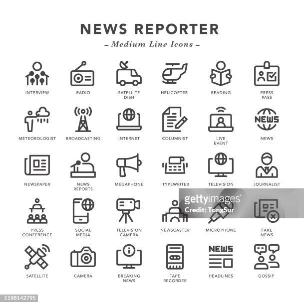 illustrazioni stock, clip art, cartoni animati e icone di tendenza di news reporter - icone di linea media - mass media