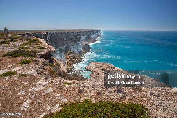 senior man looking for the best place for a photo at the best of the bight lookout. nullarbor, sa, australia - kangaroo island stock pictures, royalty-free photos & images