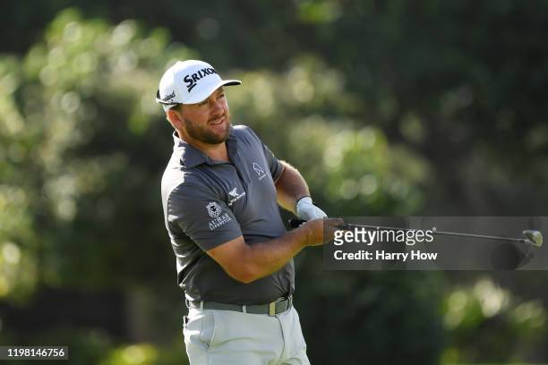 Graeme McDowell of Northern Ireland plays a shot during practice prior to the Sony Open in Hawaii at the Waialae Country Club on January 07, 2020 in...