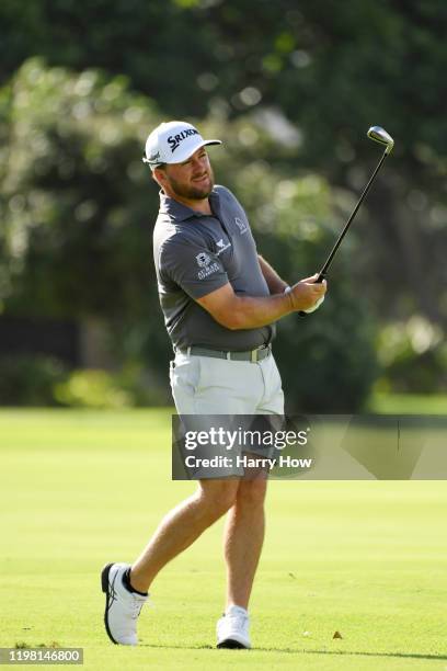 Graeme McDowell of Northern Ireland plays a shot during practice prior to the Sony Open in Hawaii at the Waialae Country Club on January 07, 2020 in...