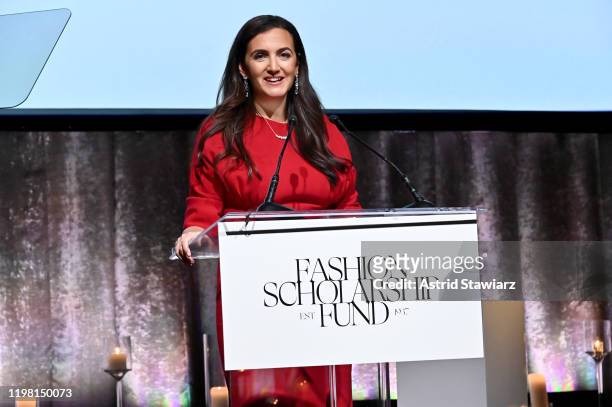 Rent The Runway CEO Jennifer Hyman speaks onstage during The Fashion Scholarship Fund Gala at New York Hilton on January 07, 2020 in New York City.