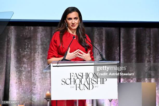 Rent The Runway CEO Jennifer Hyman speaks onstage during The Fashion Scholarship Fund Gala at New York Hilton on January 07, 2020 in New York City.