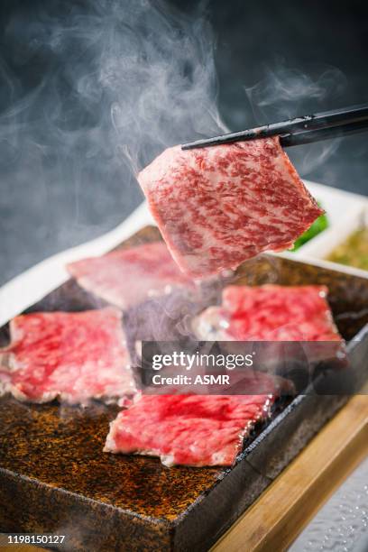 bifes crus frescos da carne na tabela - yakiniku - fotografias e filmes do acervo