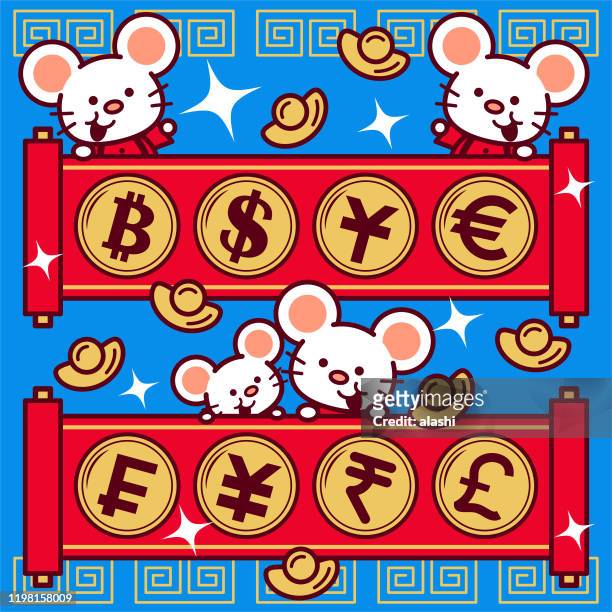 ilustraciones, imágenes clip art, dibujos animados e iconos de stock de lindo ratón con pergamino de papel y símbolo de moneda de dólar euro yuan yen libra rupia franco bitcoin signo, año de la rata feliz año nuevo chino - yuan symbol
