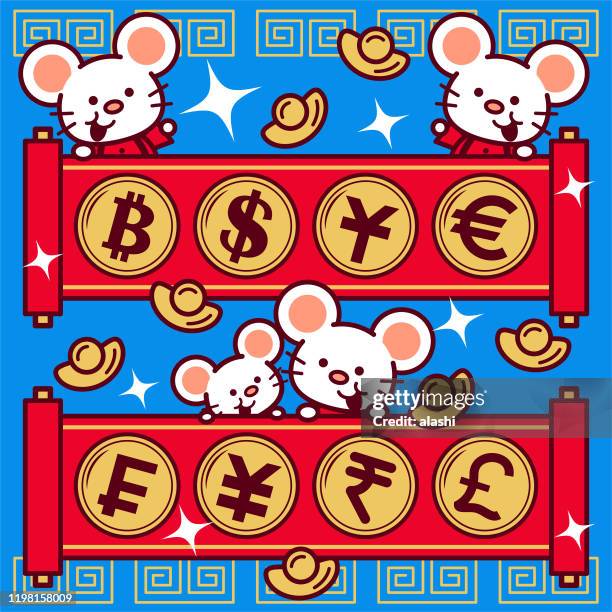 cute mouse with paper scroll and currency symbol of dollar euro yuan yen pound rupee franc bitcoin sign, year of the rat happy chinese new year - chinese currency stock illustrations