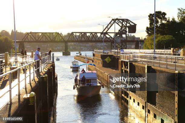 ballard locks in seattle - kanaalsluis stockfoto's en -beelden