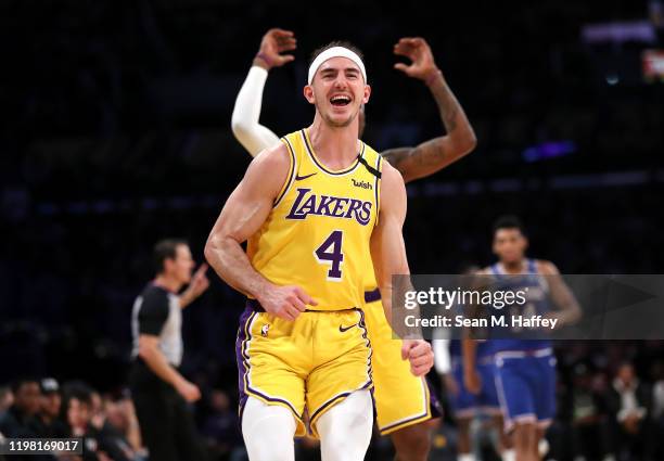 Alex Caruso of the Los Angeles Lakers reacts to a play during the second half of a game against the New York Knicks at Staples Center on January 07,...