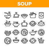 Soup Different Recipe Collection Icons Set Vector