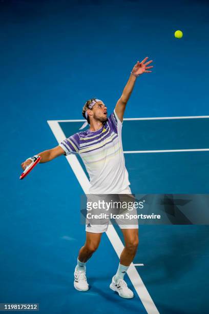 Dominic Thiem of Austria serves the ball during the finals of the 2020 Australian Open on February 2 2020, at Melbourne Park in Melbourne, Australia.