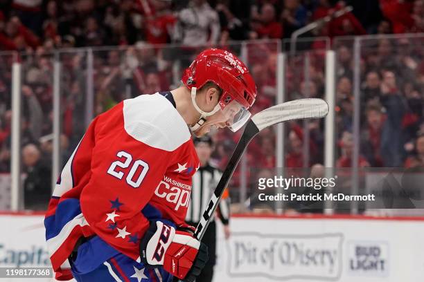Lars Eller of the Washington Capitals celebrates after scoring a goal against the Pittsburgh Penguins in the first period at Capital One Arena on...