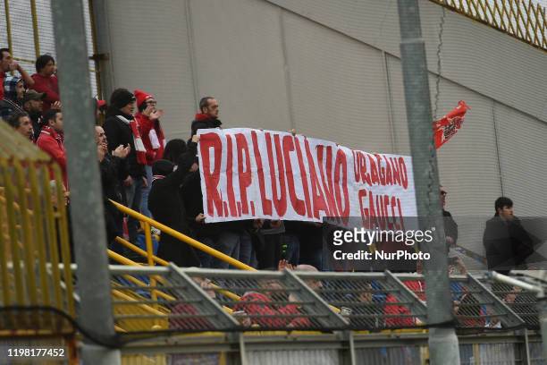 Supporters of A.C. Perugia show a banner for Luciano Gaucci during the Serie B match between Juve Stabia and A.C. Perugia at Stadio Romeo Menti...
