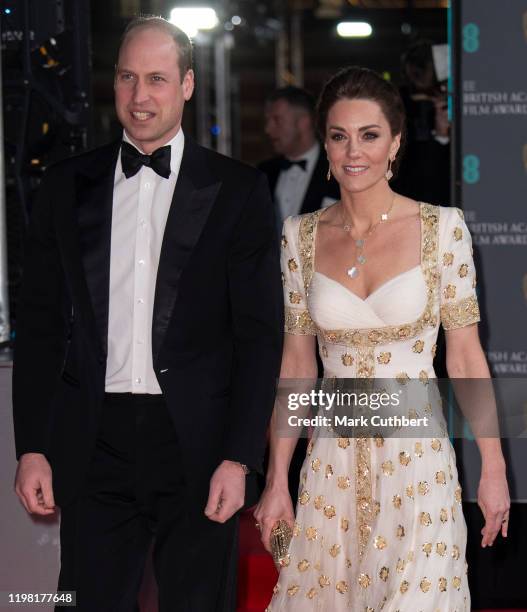 Prince William, Duke of Cambridge and Catherine, Duchess of Cambridge attend the EE British Academy Film Awards 2020 at Royal Albert Hall on February...