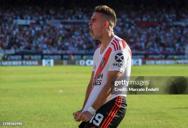 Rafael Santos Borre of River Plate celebrates after scoring the first goal of his team during a match between River Plate and Central Cordoba de...