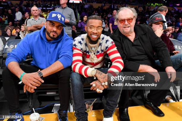 Umar Kamani, Tory Lanez and Jack Nicholson attend a basketball game between the Los Angeles Lakers and the New York Knicks at Staples Center on...