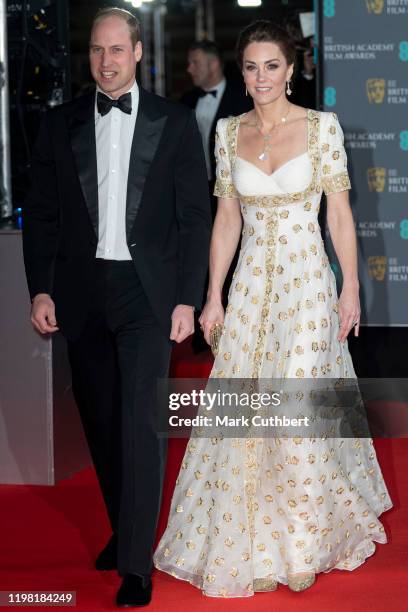 Prince William, Duke of Cambridge and Catherine, Duchess of Cambridge attend the EE British Academy Film Awards 2020 at Royal Albert Hall on February...