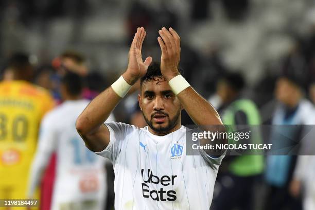 Marseille's French forward Dimitri Payet gestures at the end of the French L1 football match between Girondins de Bordeaux and Olympique de Marseille...