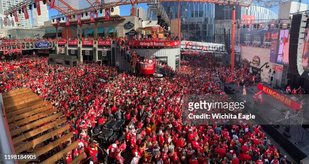 Kansas City Chiefs fans pack the living room area of the Power and Light district Sunday in downtown Kansas City hours before the kickoff of Super...