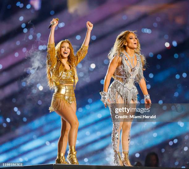 Shakira and Jennifer Lopez perform during the Pepsi Super Bowl LIV Halftime Show at Hard Rock Stadium in Miami Gardens, Fla., on Sunday, Feb. 2, 2020.