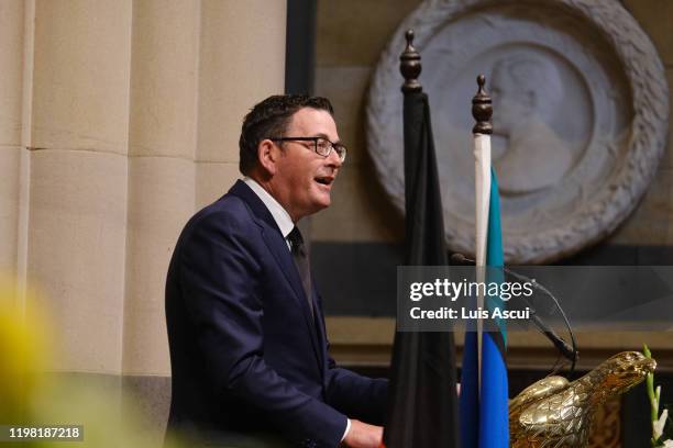 Victorian Premier Daniel Andrews speaks during a state memorial service for former Victorian Premier John Cain at St Paul's Cathedral on February 03,...