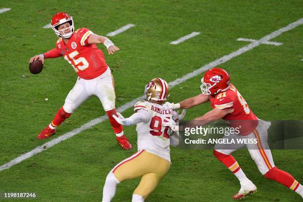 Quarterback for the Kansas City Chiefs Patrick Mahomes passes the ball during Super Bowl LIV between the Kansas City Chiefs and the San Francisco...