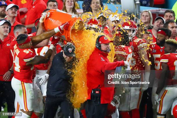 Kansas City Chiefs Head Coach Andy Reid gets gatorade poured on him after winning Super Bowl LIV on February 2, 2020 at Hard Rock Stadium in Miami...