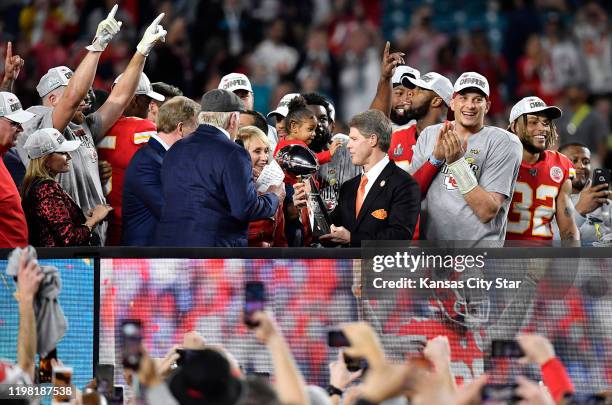 Norma Hunt and Clark Hunt, Kansas City Chiefs Owner and CEO, quarterback Patrick Mahomes and other players the team's 31-20 victory in Super Bowl LIV...