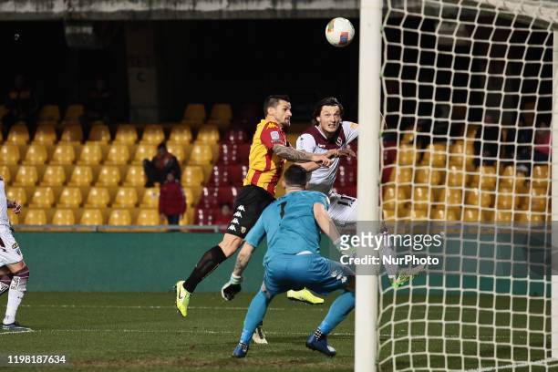 Bosnian Milan Djuric of US Salernitana scores a goal during the derby Italian Serie B football match between Benevento Calcio v US Salernitana at...