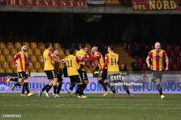 Benevento's players celebrate after goal of Marco Sau Benevento Calcio during the derby Italian Serie B football match between Benevento Calcio v US...