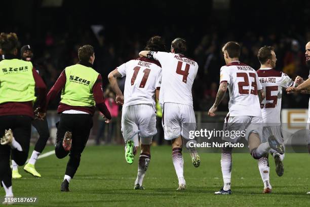 Bosnian Milan Djuric of US Salernitana celebrates a goal during the derby Italian Serie B football match between Benevento Calcio v US Salernitana at...