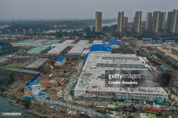 Huoshenshan Hospital construction nears completion on February 3, 2020 in Wuhan, China. After only 10 days of construction, Wuhan Huoshenshan...