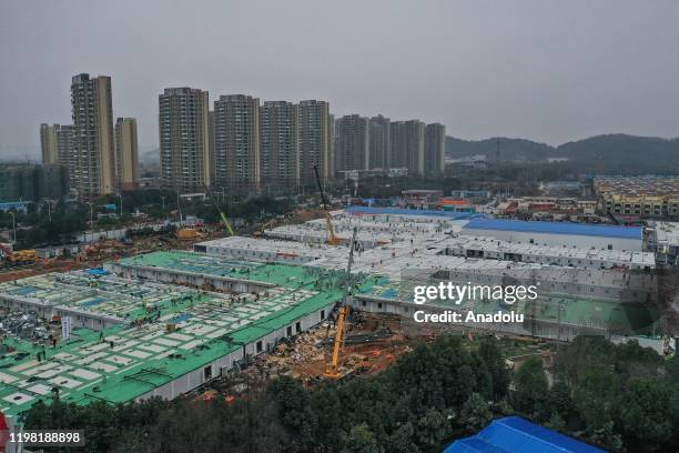 Huoshenshan Hospital construction nears completion on February 3, 2020 in Wuhan, China. After only 10 days of construction, Wuhan Huoshenshan...