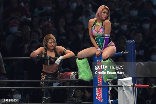 Hana Kimura and Giulia enter the ring during the New Japan Pro-Wrestling 'Wrestle Kingdom 14' at the Tokyo Dome on January 04, 2020 in Tokyo, Japan.