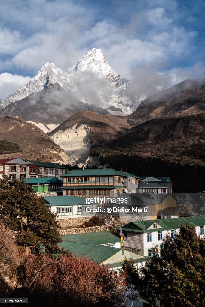 The Pangboche village at the feet of the stunning Ama Dablam peak in the Himalayas in Nepal.