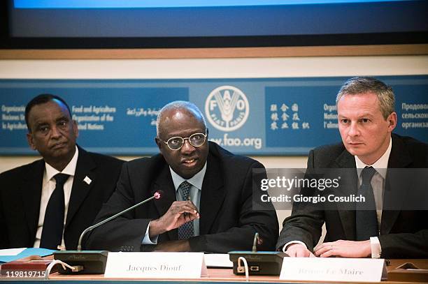 Jacques Diouf, FAO Director General speaks as Mohammed MH Ibrahim, Prime Minister of the Somali interim government, and Bruno Le Marie, French...