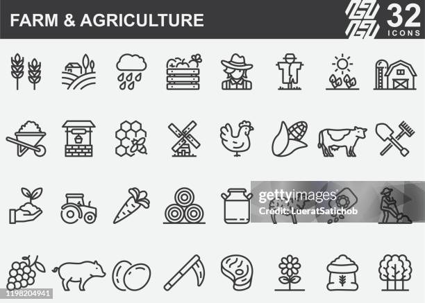 farm and agriculture line icons - farmer scarecrow stock illustrations