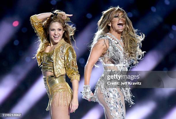 Shakira and Jennifer Lopez perform onstage during the Pepsi Super Bowl LIV Halftime Show at Hard Rock Stadium on February 02, 2020 in Miami, Florida.