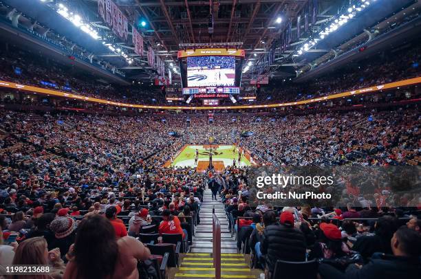 Wide angle low view at basketball court during the Toronto Raptors vs Chicago Bulls NBA regular season game at Scotiabank Arena on February 02, 2020...