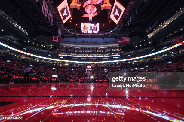 Wide angle view at basketball court before the Toronto Raptors vs Chicago Bulls NBA regular season game at Scotiabank Arena on February 02, 2020 in...