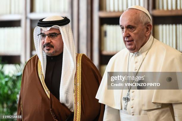 Pope Francis meets with Bahrain's Crown Prince Salman bin Hamad bin Isa al-Khalifa on February 3, 2020 during a private audience at the Vatican.