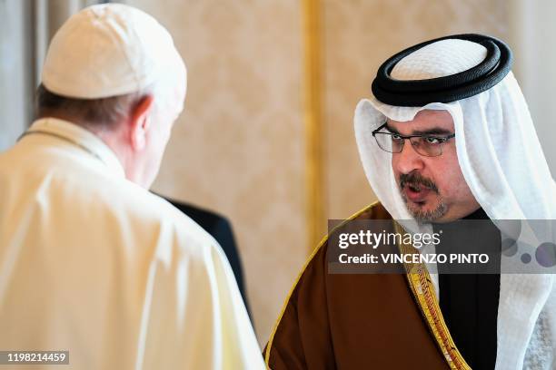 Pope Francis and Bahrain's Crown Prince Salman bin Hamad bin Isa al-Khalifa meet on February 3, 2020 during a private audience at the Vatican.