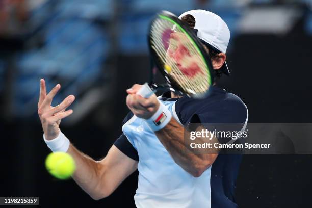 Guido Pella of Argentina plays a forehand during his Group E singles match against Marin Cilic of Croatia during day six of the 2020 ATP Cup Group...