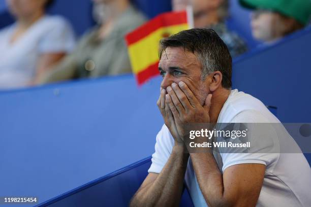 Former Argentina professional footballer Gabriel Batistuta watches the Team Spain games during day six of the 2020 ATP Cup Group Stage at RAC Arena...