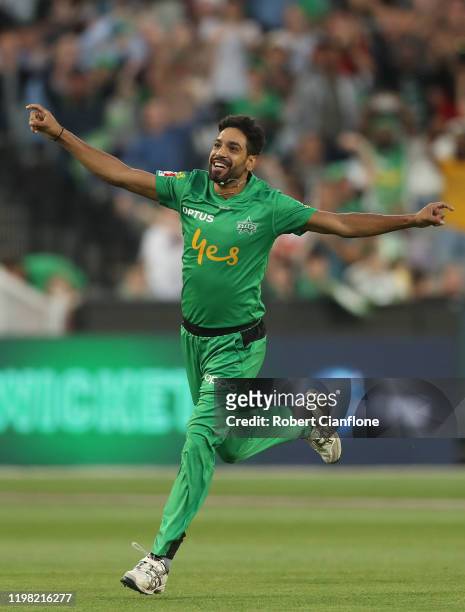 Haris Rauf of the Stars celebrates his hat-trick with the wicket of Daniel Sams of the Sydney Thunder during the Big Bash League match between the...