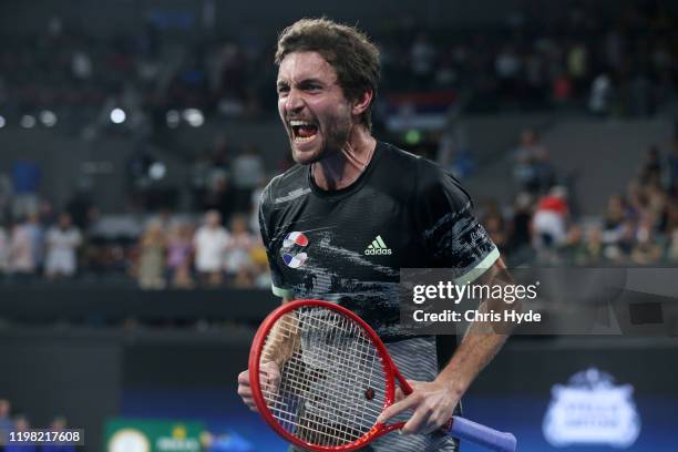 Gilles Simon of France celebrates winning his match against Llyoy Harris of South Africa during day six of the 2020 ATP Cup Group Stage at Pat Rafter...