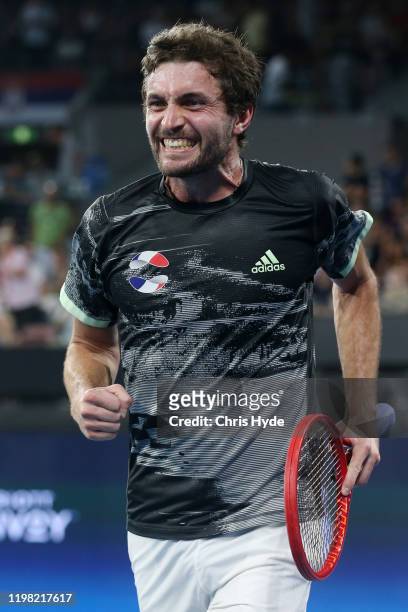 Gilles Simon of France celebrates winning his match against Llyoy Harris of South Africa during day six of the 2020 ATP Cup Group Stage at Pat Rafter...