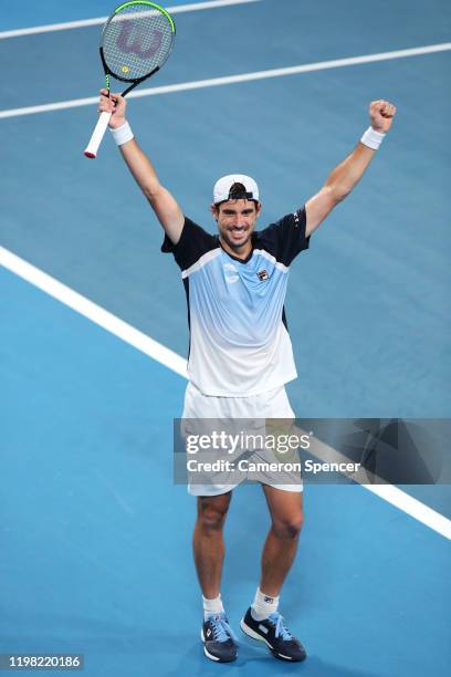 Guido Pella of Argentina celebrates winning match point during his Group E singles match against Marin Cilic of Croatiaduring day six of the 2020 ATP...