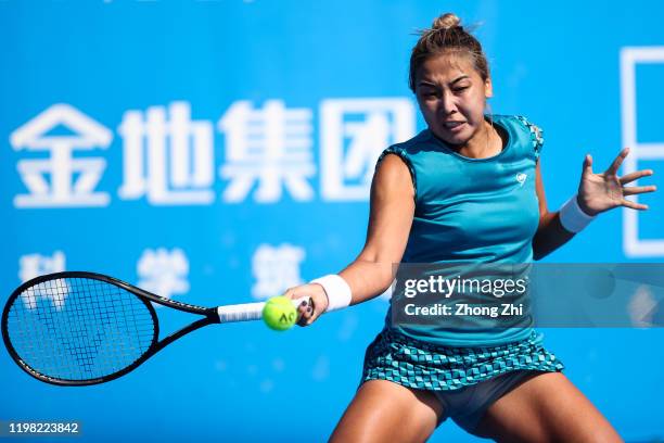 Zarina Diyas of Kazakhstan returns a shot during the match against Anna Blinkova of Russia on Day 4 of 2020 WTA Shenzhen Open at Shenzhen Longgang...