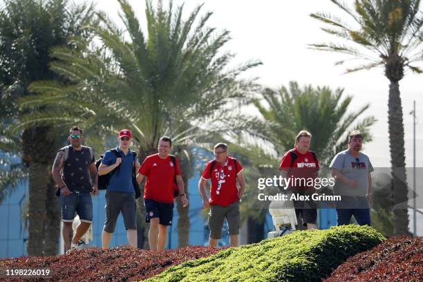 Fans walk around the training pitch during day five of the FC Bayern Muenchen winter training camp at Aspire Academy on January 08, 2020 in Doha,...